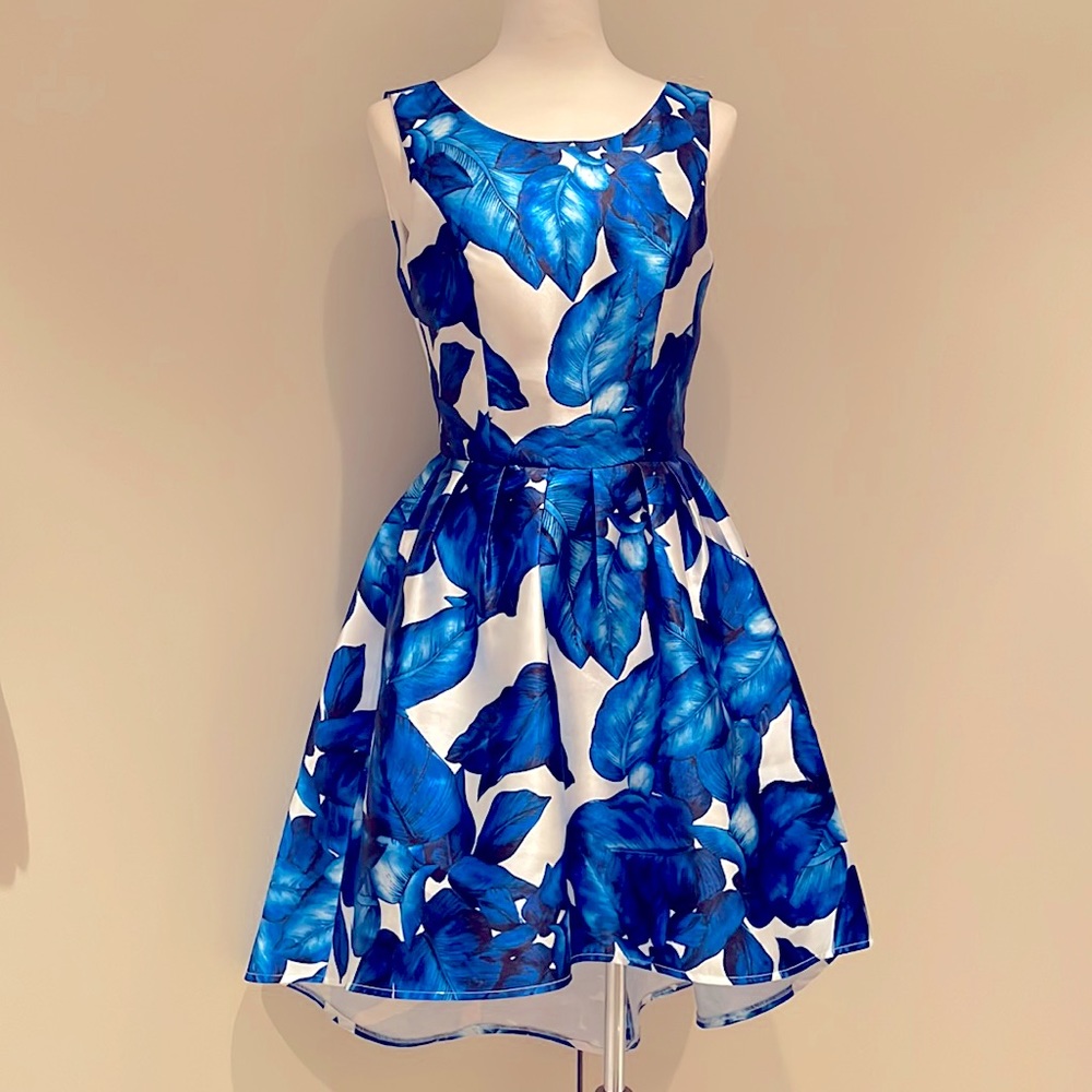 Blue Leaf Print on White Hi-Low Dress - UK Size 10/ US Size 6